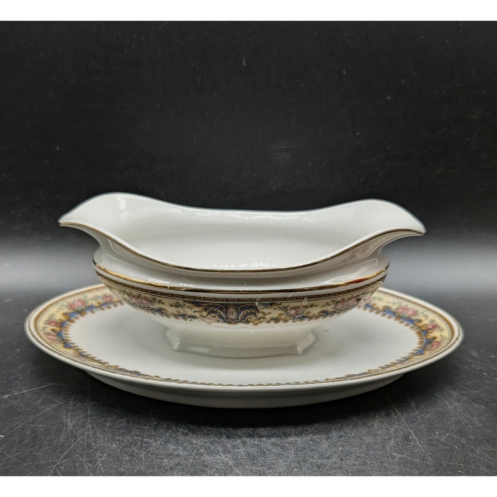 Limoges France Porcelain Gravy Boat Attached Underplate Floral Gold Gilt Vintage